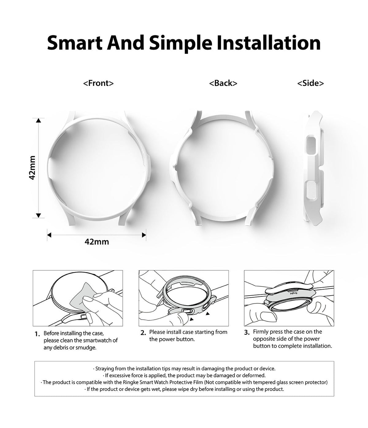 Galaxy Watch 4 Classic 42mm Case | Slim - Diagrams showing 42mm watch case dimensions and three-step installation guide.