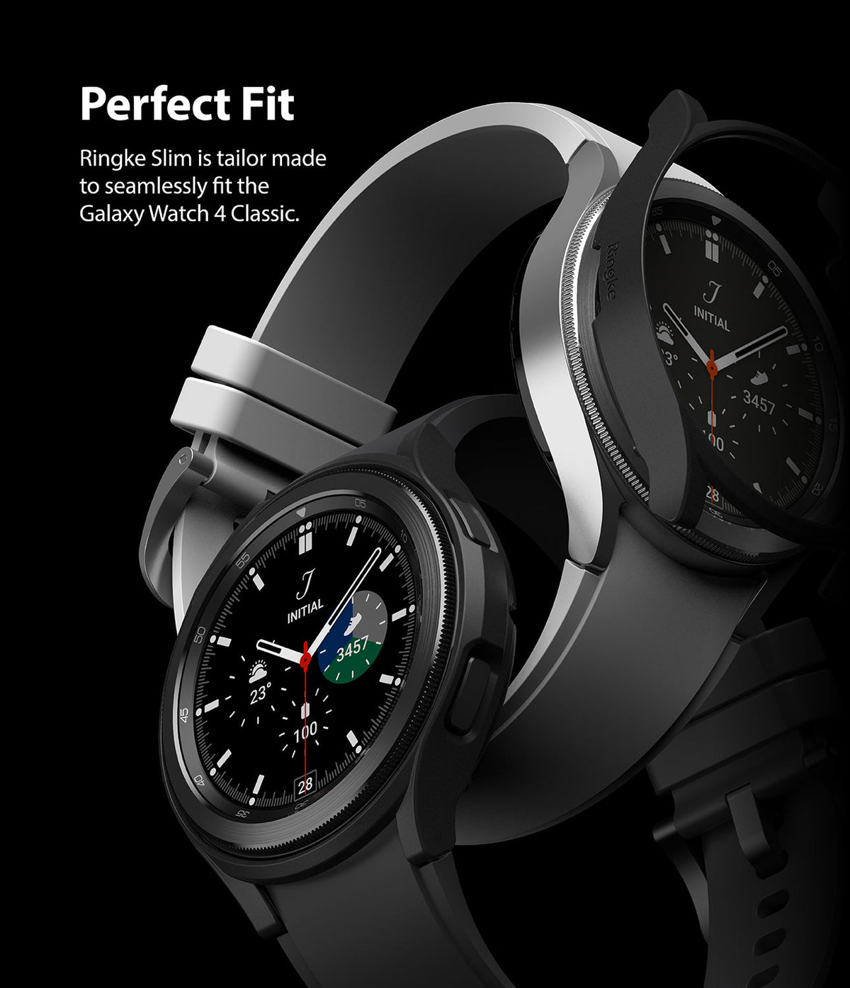 Galaxy Watch 4 Classic 46mm Case | Slim - Black protective case being applied to a silver Galaxy Watch 4 Classic.
