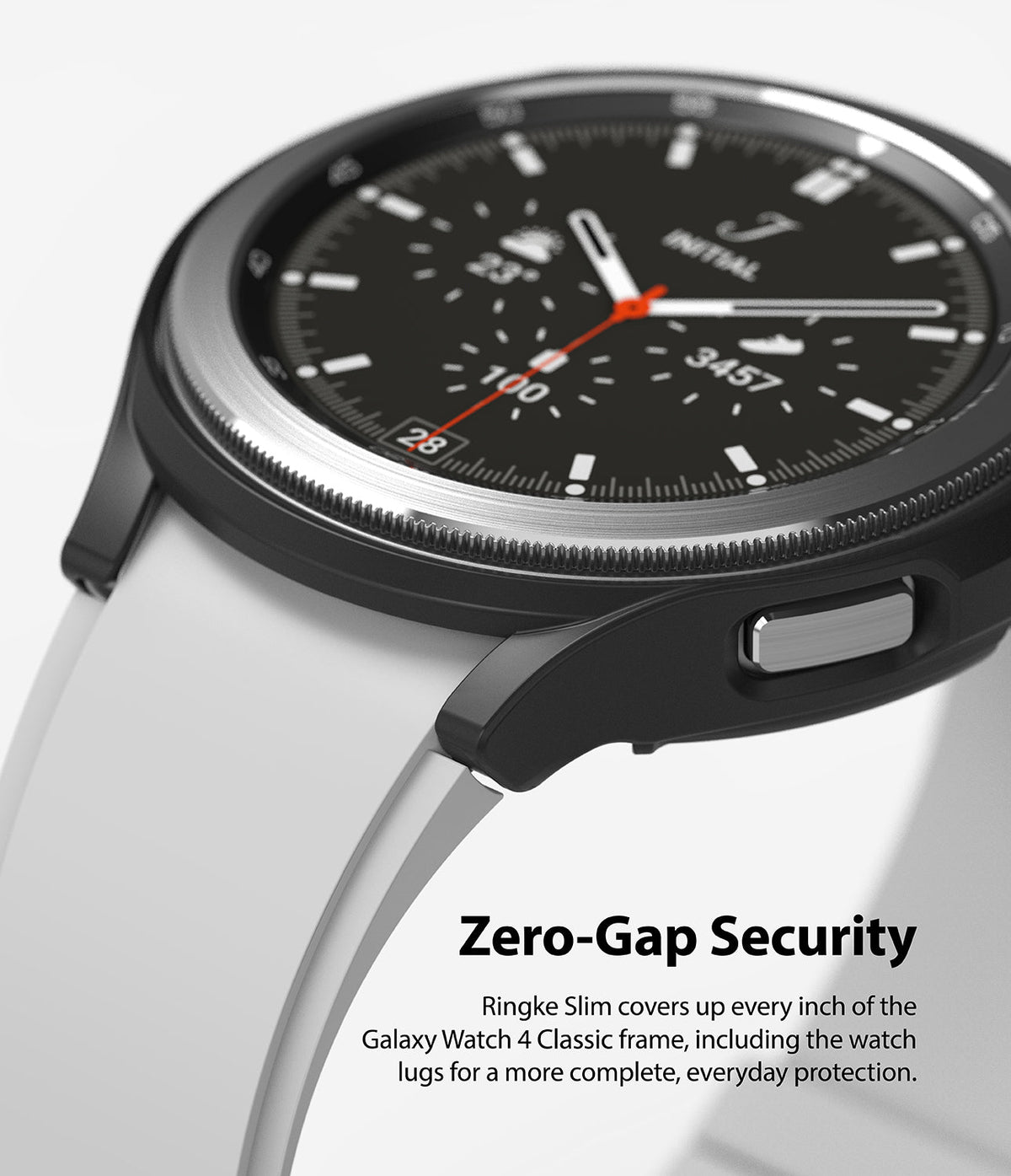Galaxy Watch 4 Classic 46mm Case | Slim - Close-up of a black protective case fitted onto a Galaxy Watch 4 Classic.