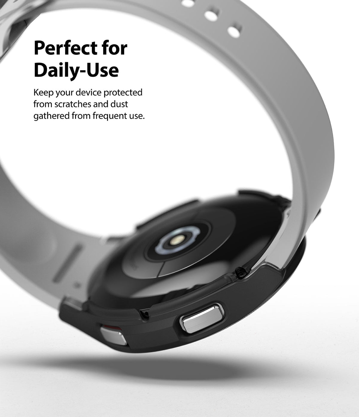 Galaxy Watch 4 Classic 46mm Case | Slim - Black protective case on a Galaxy Watch 4 with a grey strap against white.