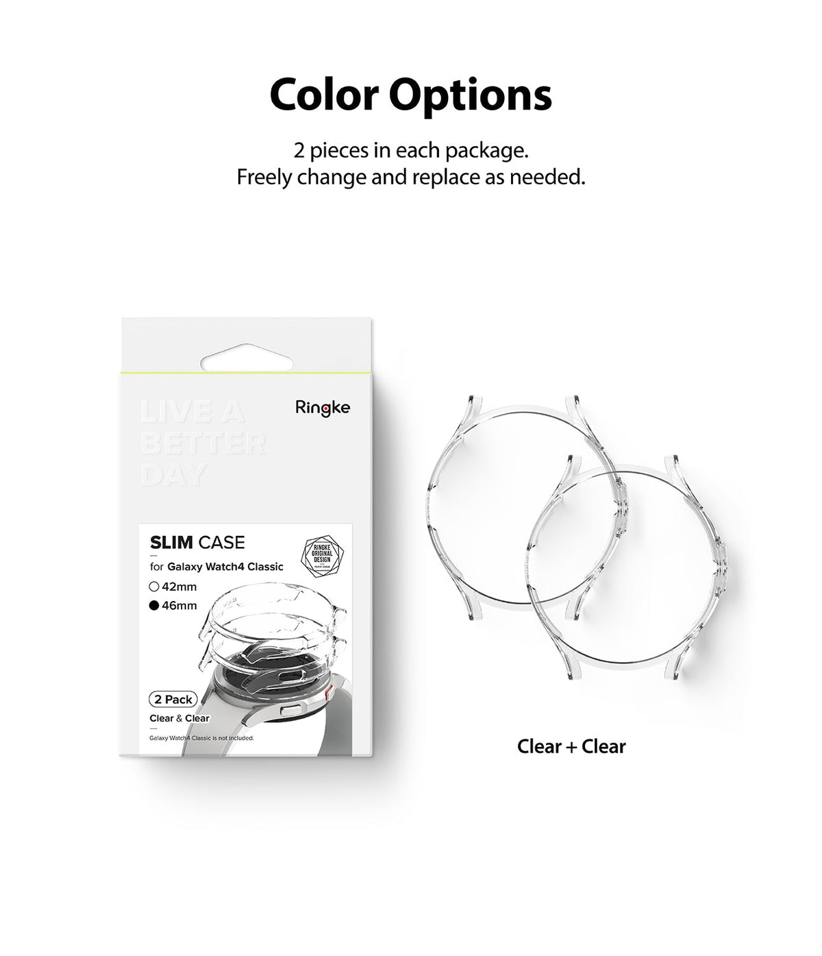Galaxy Watch 4 Classic 46mm Case | Slim - Product packaging for two clear protective watch cases with two clear cases.