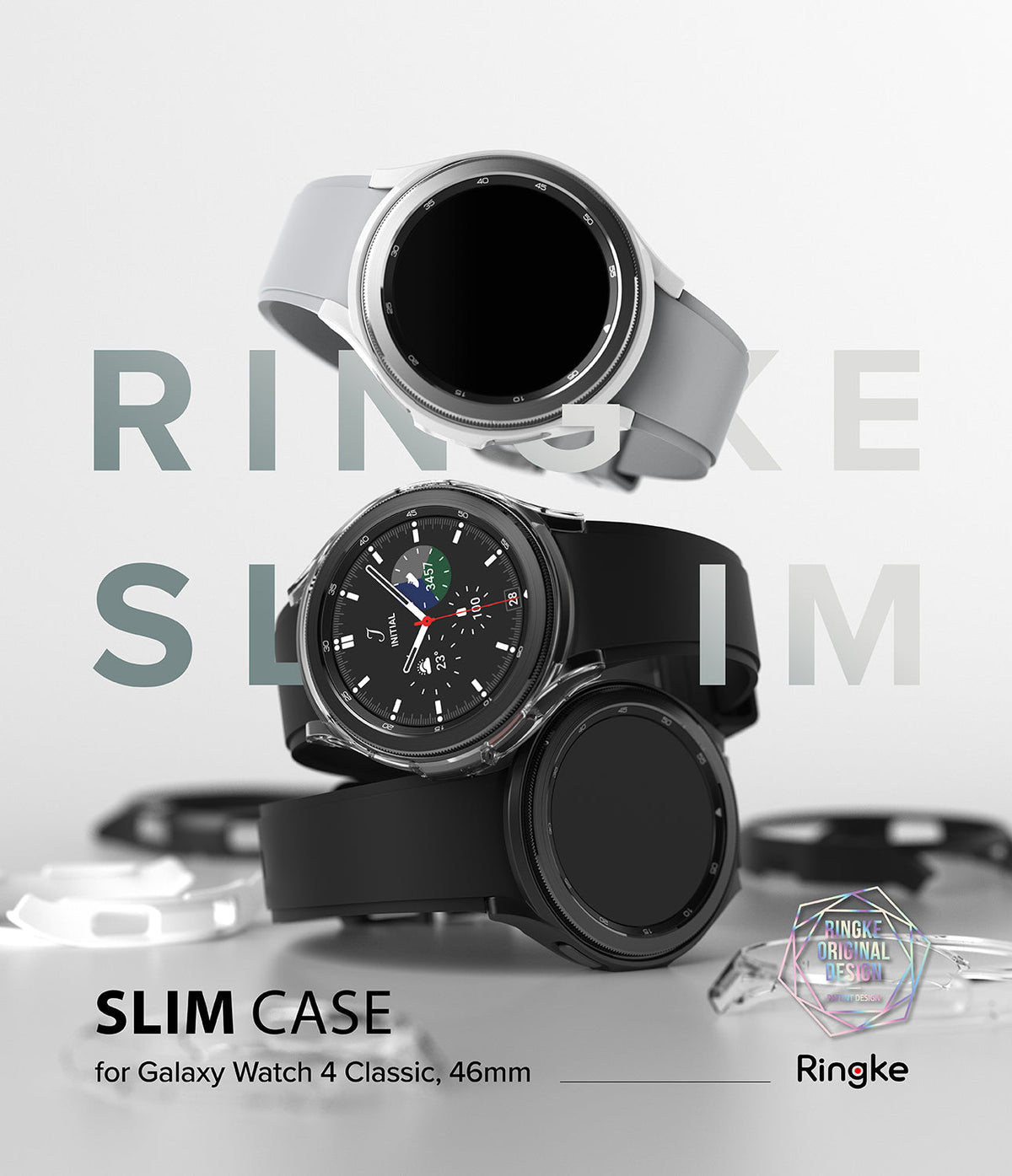 Galaxy Watch 4 Classic 46mm Case | Slim - Three Galaxy Watch 4 Classic smartwatches stacked vertically with clear cases.