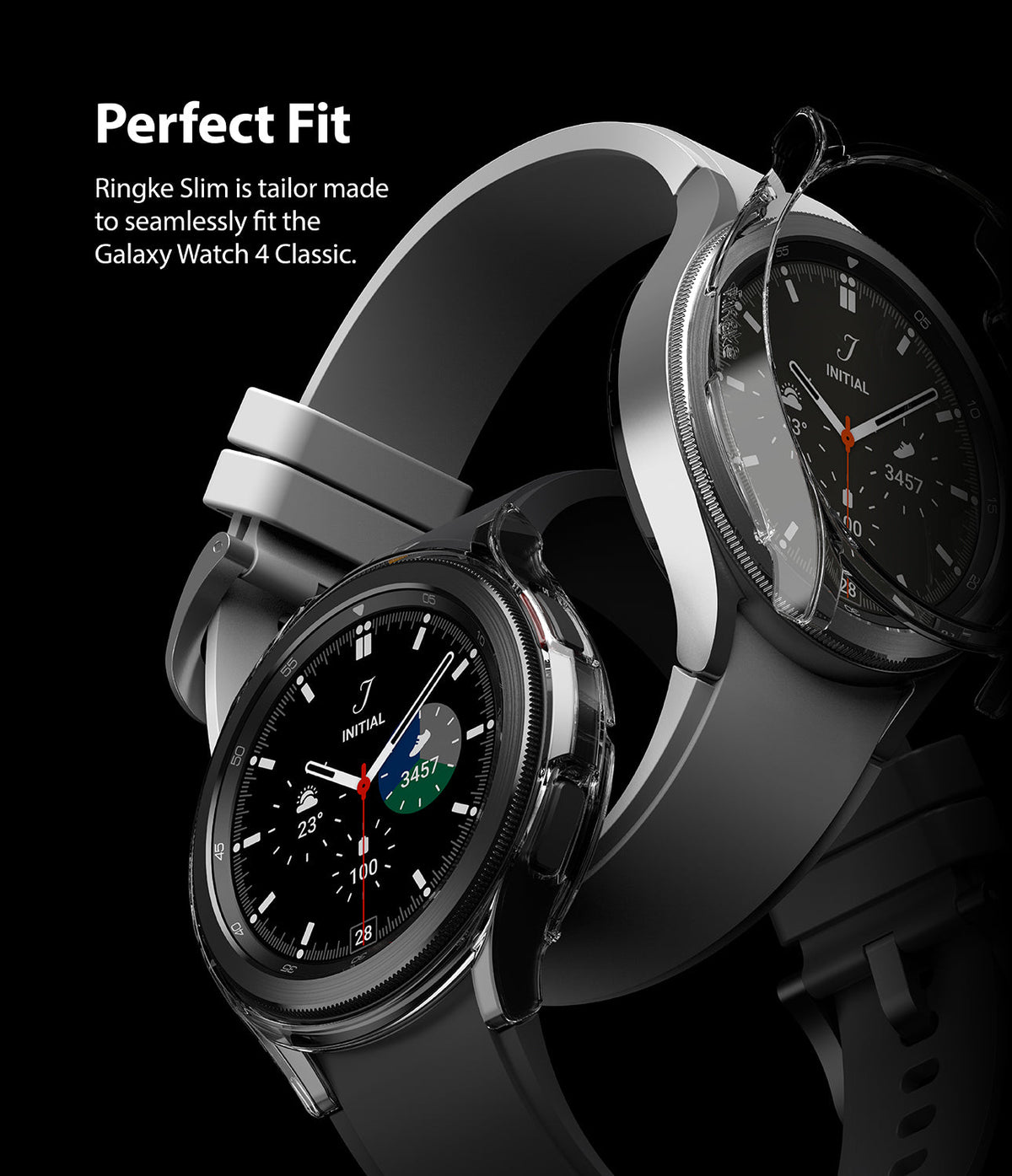 Galaxy Watch 4 Classic 46mm Case | Slim - A clear protective case being placed onto a silver Galaxy Watch 4 Classic.