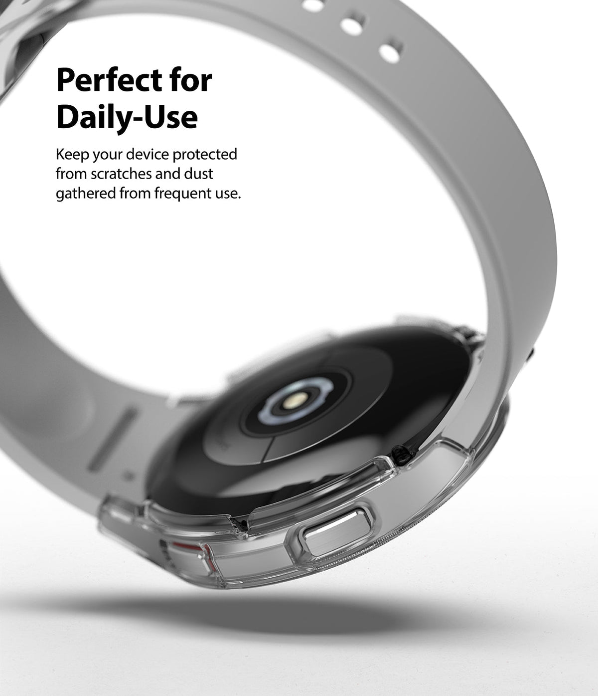 Galaxy Watch 4 Classic 46mm Case | Slim - Clear protective case on the back of a Galaxy Watch 4 with a light gray band.