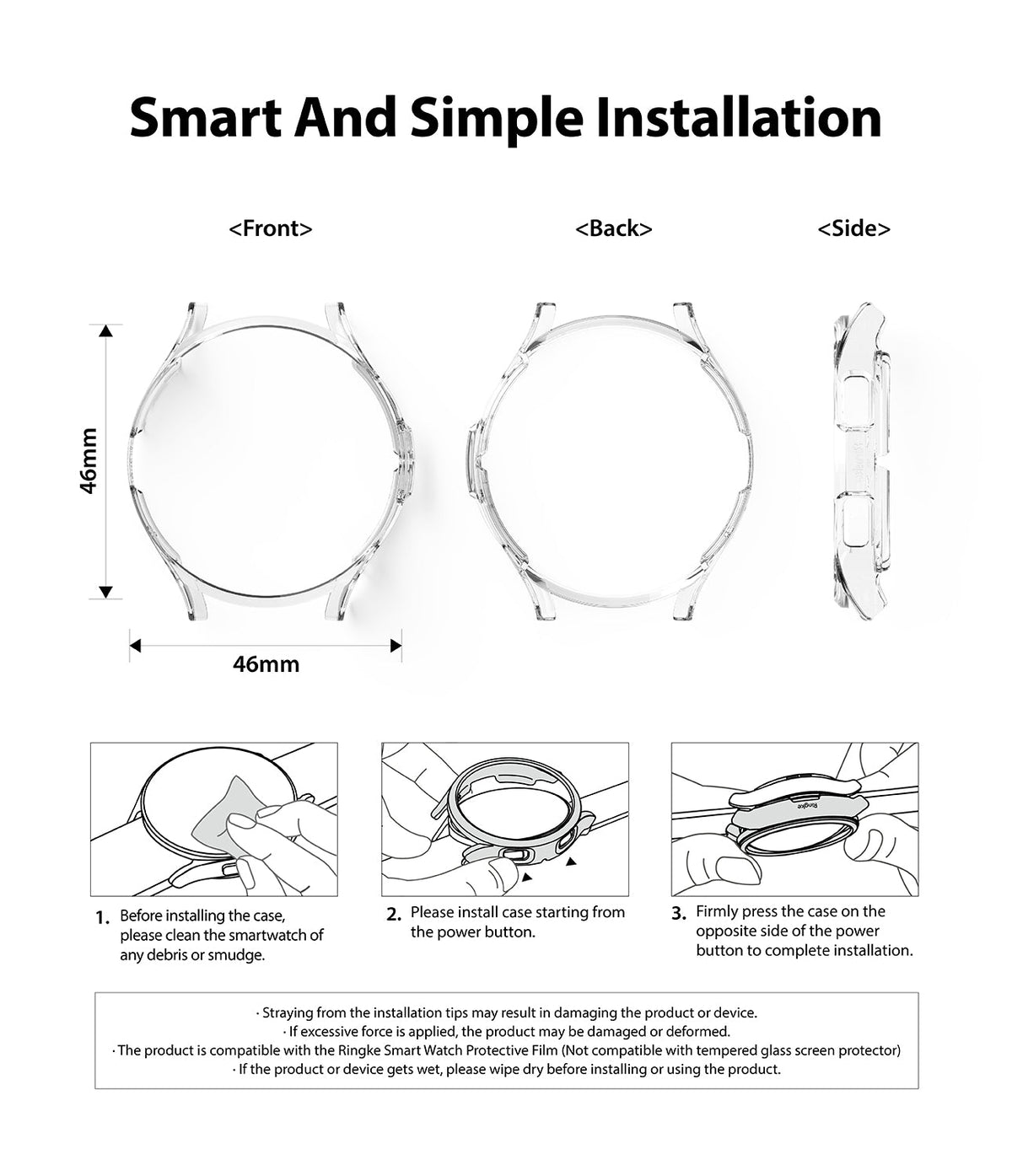 Galaxy Watch 4 Classic 46mm Case | Slim - Diagrams showing dimensions and three-step installation guide for a clear watch case.