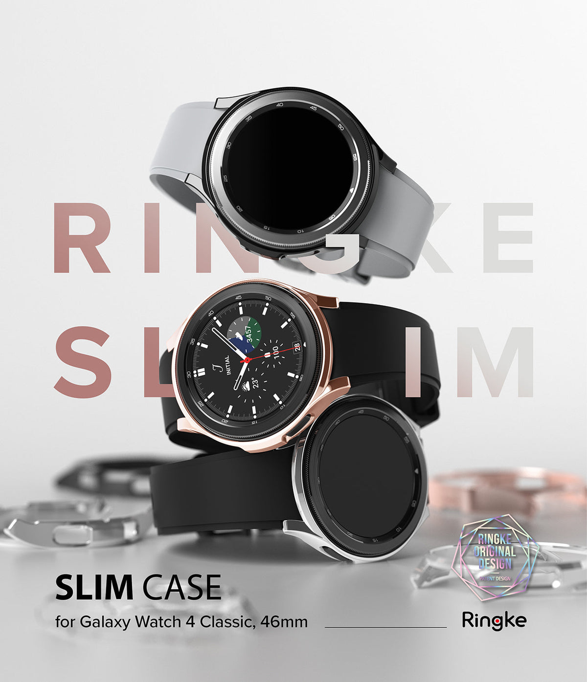 Galaxy Watch 4 Classic 46mm Case | Slim - Three Galaxy Watch 4 Classic smartwatches with slim cases stacked on a surface.