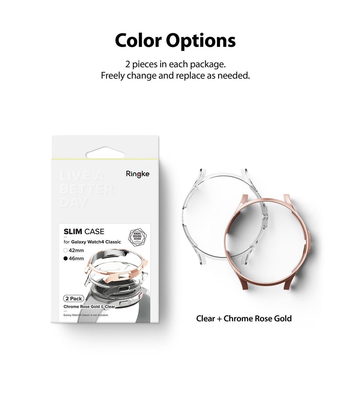 Galaxy Watch 4 Classic 46mm Case | Slim - Two-pack of clear and chrome rose gold slim watch cases with product packaging.