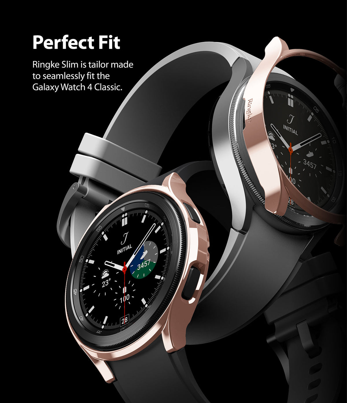 Galaxy Watch 4 Classic 46mm Case | Slim - Rose gold protective case being applied to a silver Galaxy Watch 4 Classic.