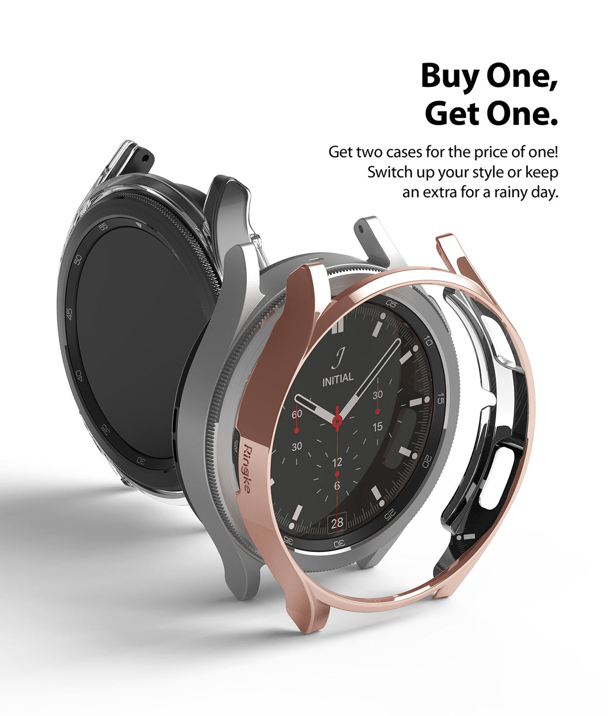 Galaxy Watch 4 Classic 46mm Case | Slim - Two watch cases, one clear and one rose gold, floating around a smartwatch.