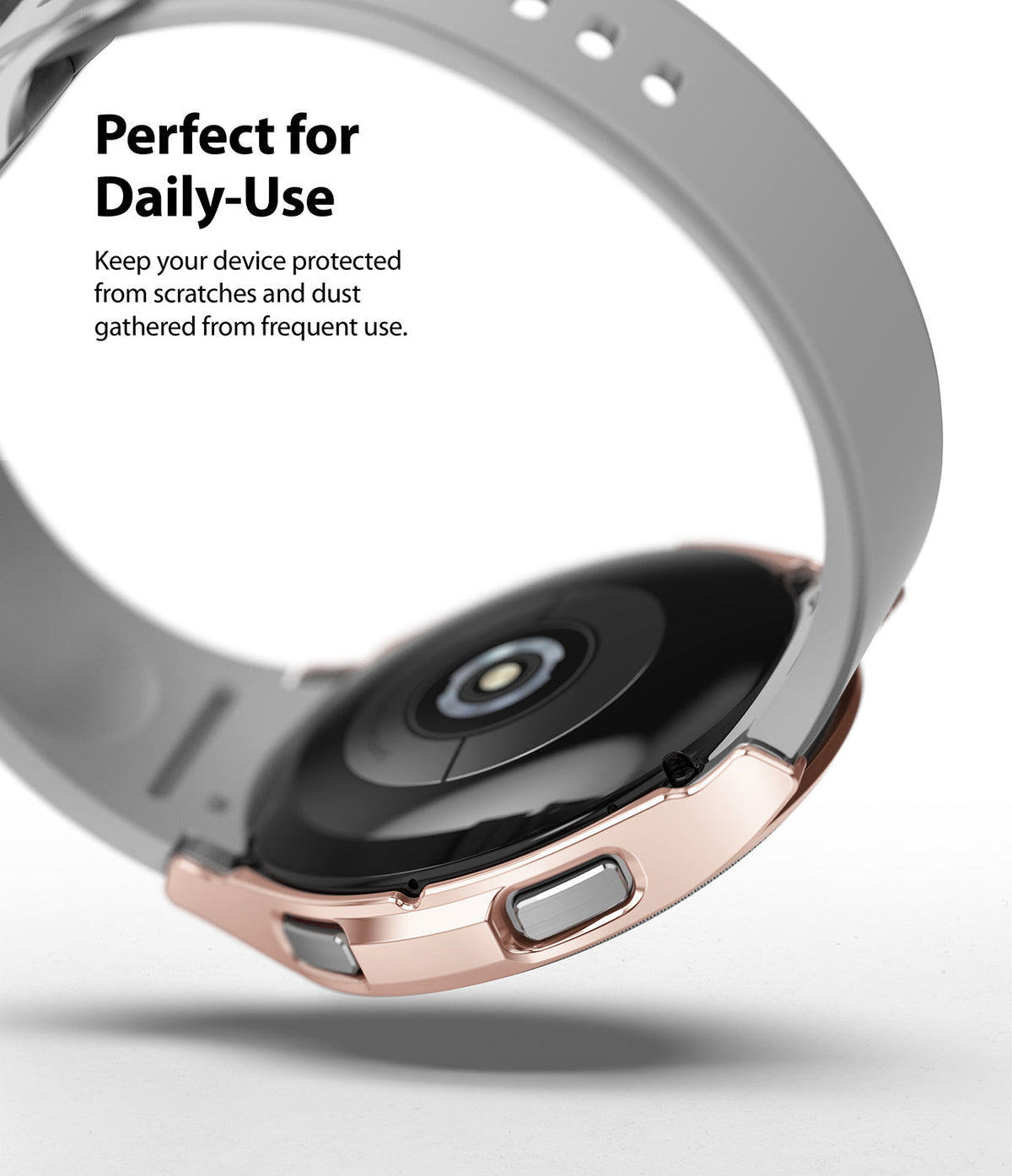 Galaxy Watch 4 Classic 46mm Case | Slim - Rose gold slim protective case on a Galaxy Watch 4 with a grey silicone band.
