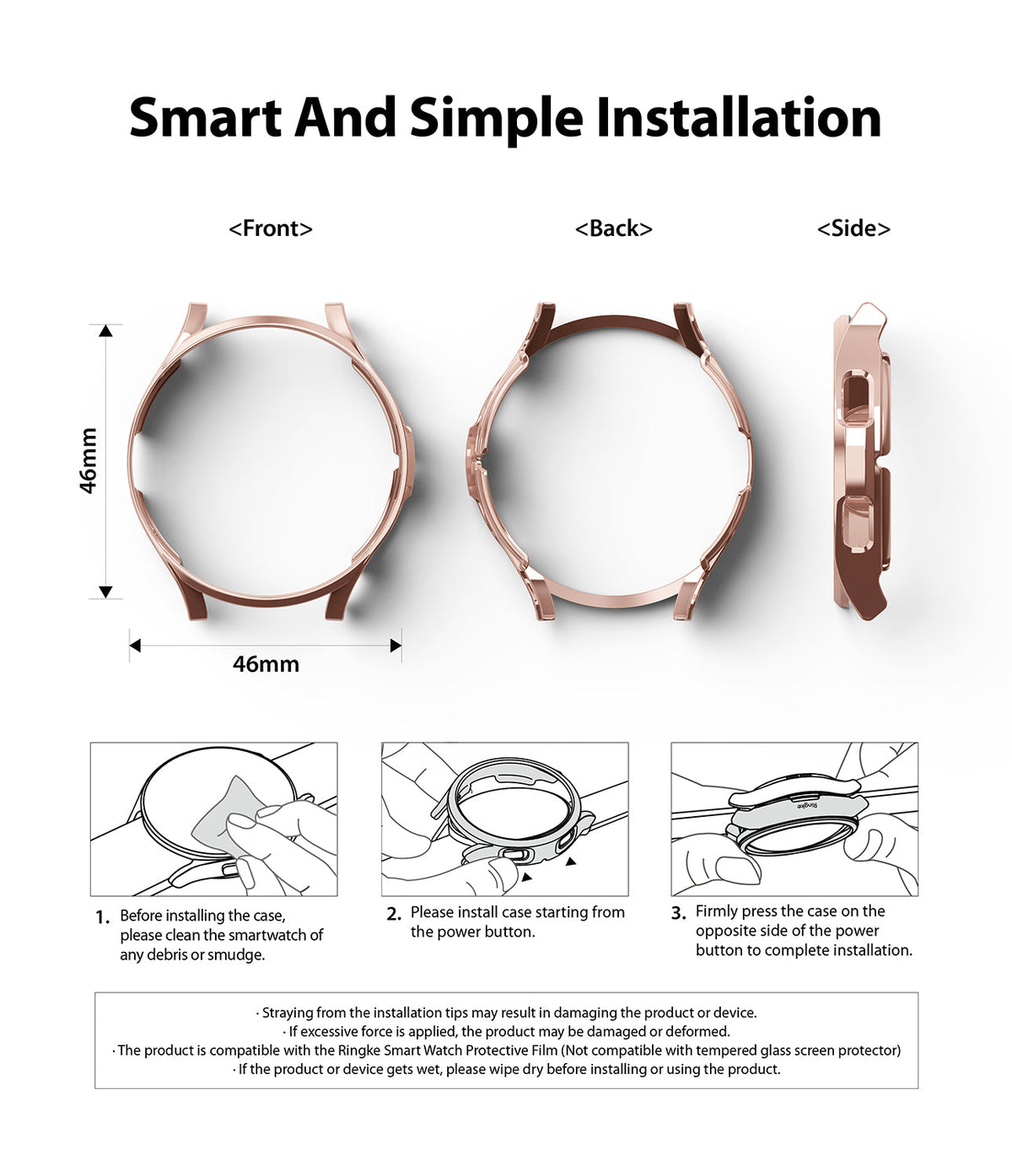 Galaxy Watch 4 Classic 46mm Case | Slim - Rose gold watch case shown from front, back, and side with installation steps.