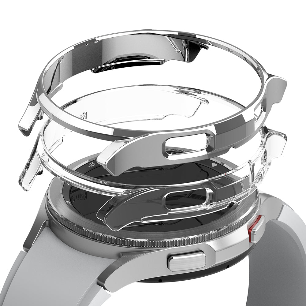 Galaxy Watch 4 Classic 46mm Case | Slim - Transparent protective case hovering above a silver Galaxy Watch 4 Classic.