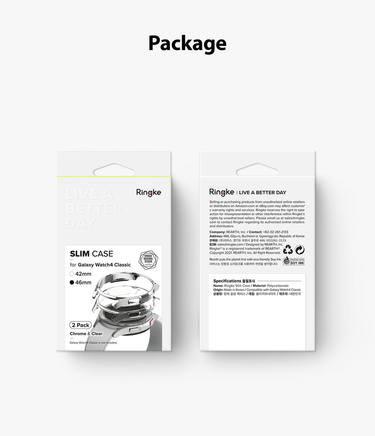 Galaxy Watch 4 Classic 46mm Case | Slim - Front and back views of Ringke Slim Case packaging for Galaxy Watch 4 Classic.