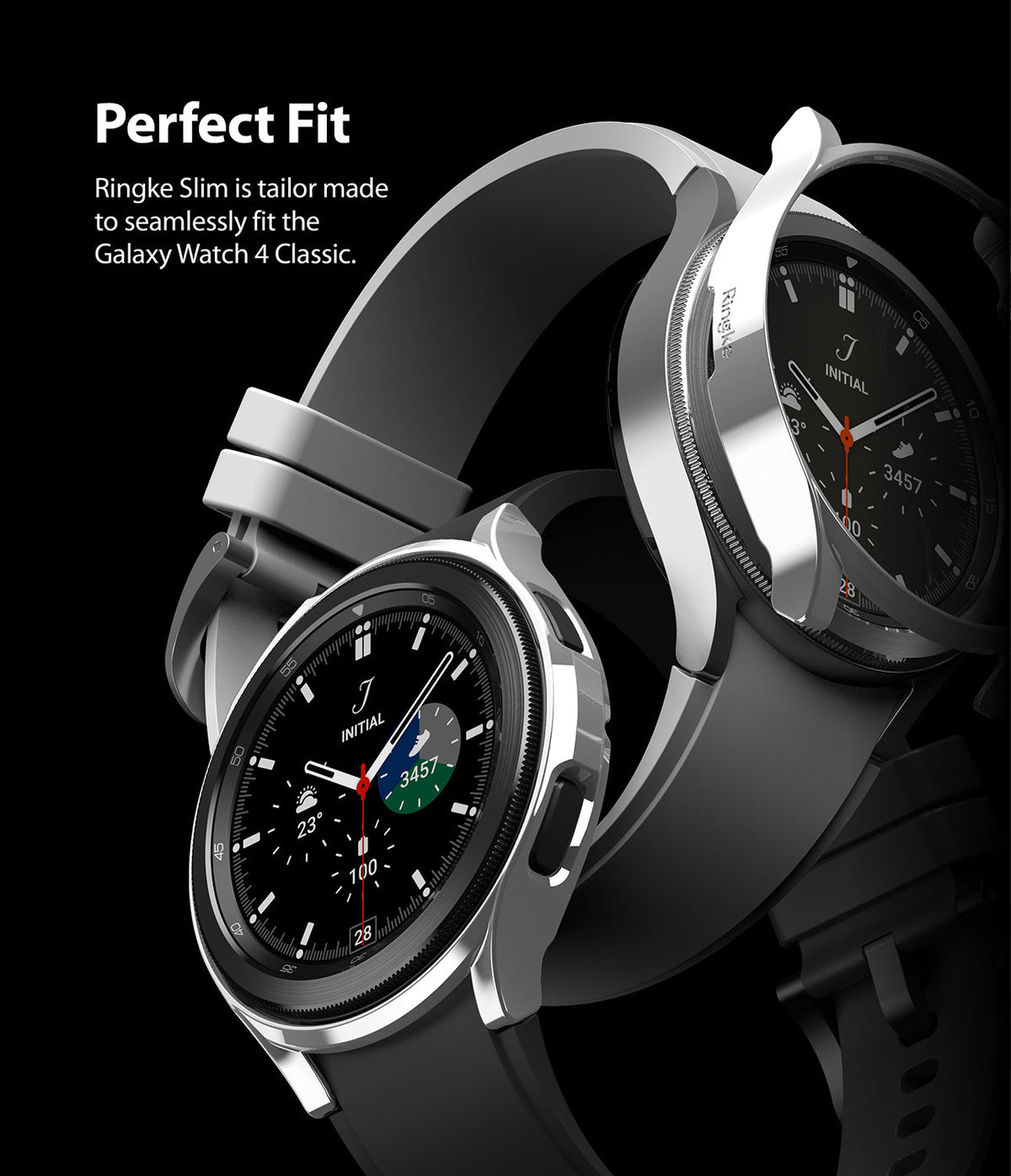 Galaxy Watch 4 Classic 46mm Case | Slim - Silver protective case hovering over a black Galaxy Watch 4 Classic.