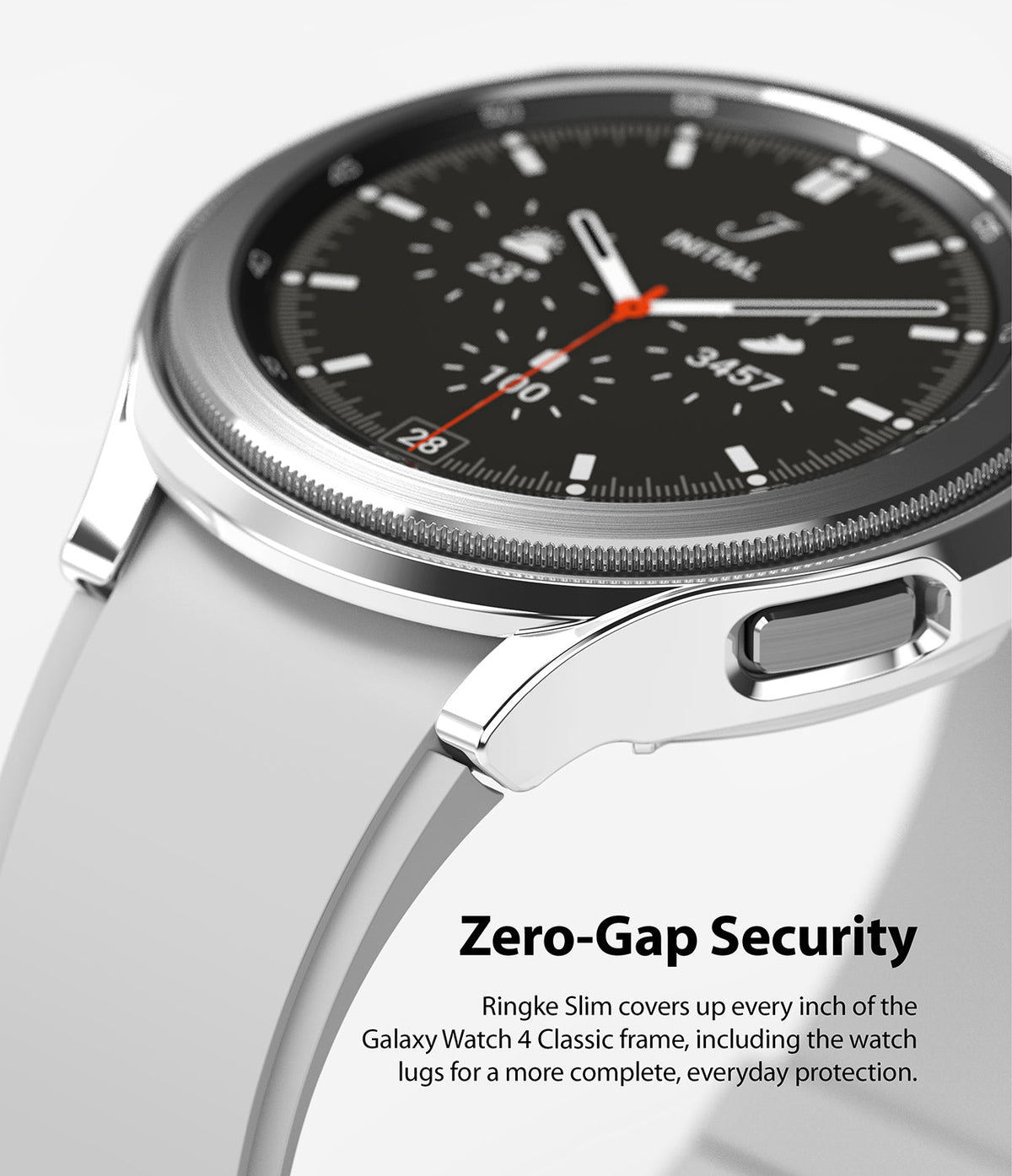 Galaxy Watch 4 Classic 46mm Case | Slim - Close-up of a silver protective case on a Galaxy Watch 4 with a white strap.