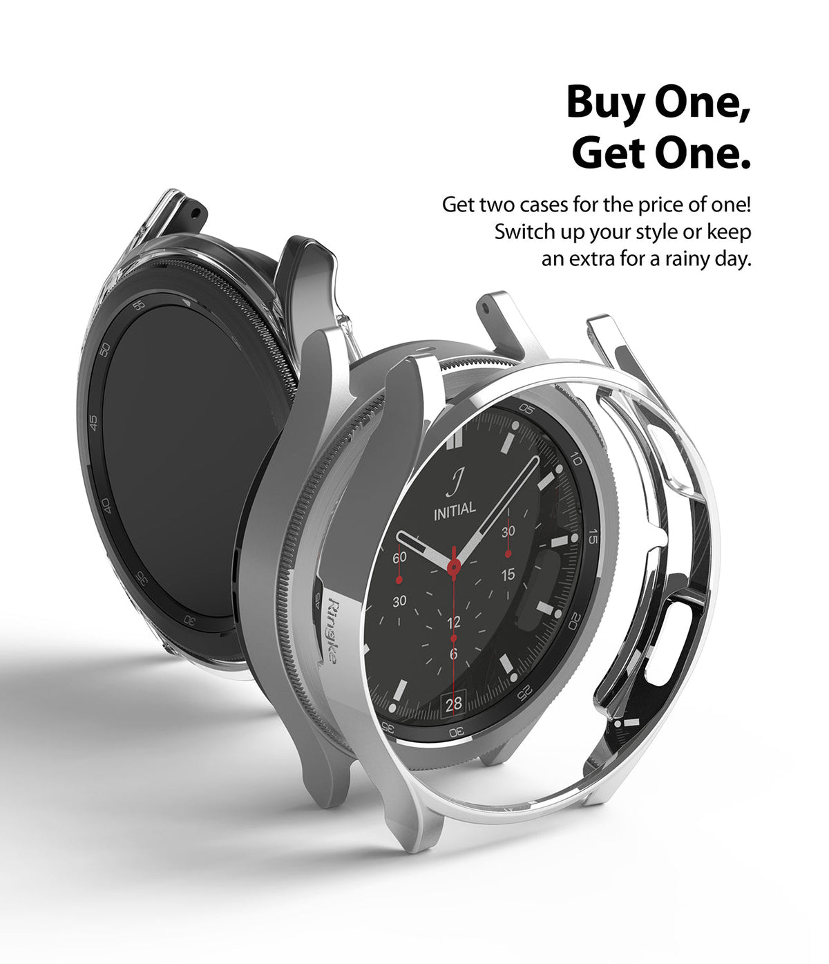 Galaxy Watch 4 Classic 46mm Case | Slim - Two silver protective watch cases floating around a Galaxy Watch 4.
