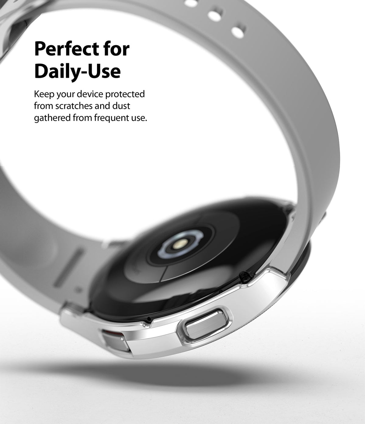 Galaxy Watch 4 Classic 46mm Case | Slim - Silver protective case on a Galaxy Watch 4 with text about daily-use protection.