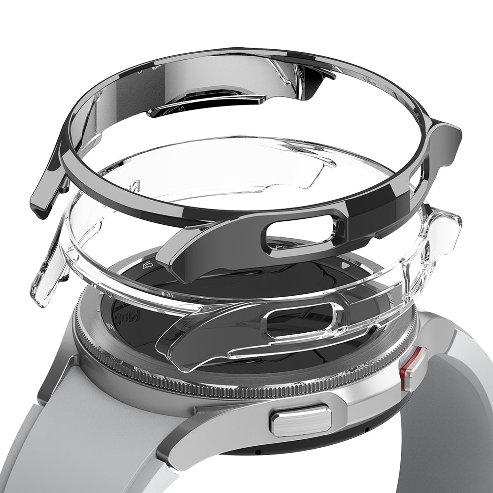 Galaxy Watch 4 Classic 46mm Case | Slim - Exploded view of a silver watch with a transparent protective cover hovering above.