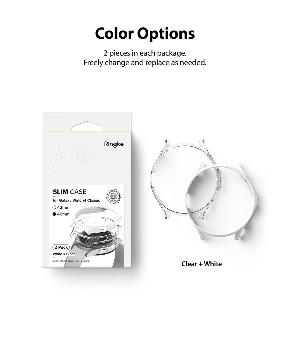 Galaxy Watch 4 Classic 46mm Case | Slim - Ringke slim case packaging with one clear and one white watch cover.