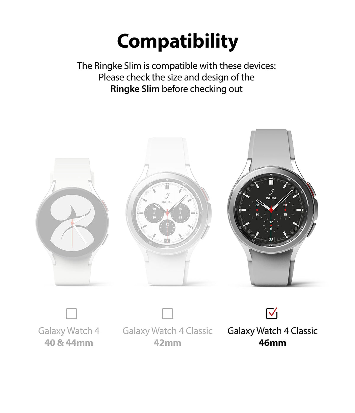 Galaxy Watch 4 Classic 46mm Case | Slim - Compatibility chart showing three watch models with the 46mm version selected.