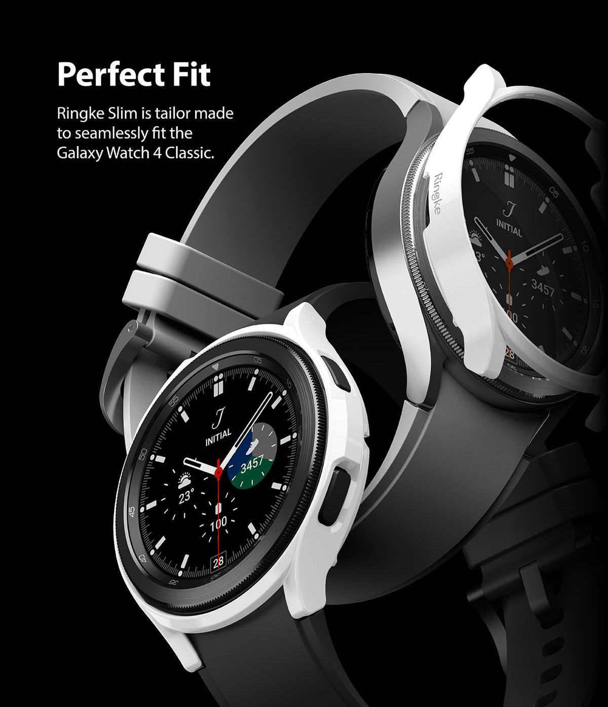 Galaxy Watch 4 Classic 46mm Case | Slim - Two Galaxy Watch 4 Classic smartwatches with white protective cases.
