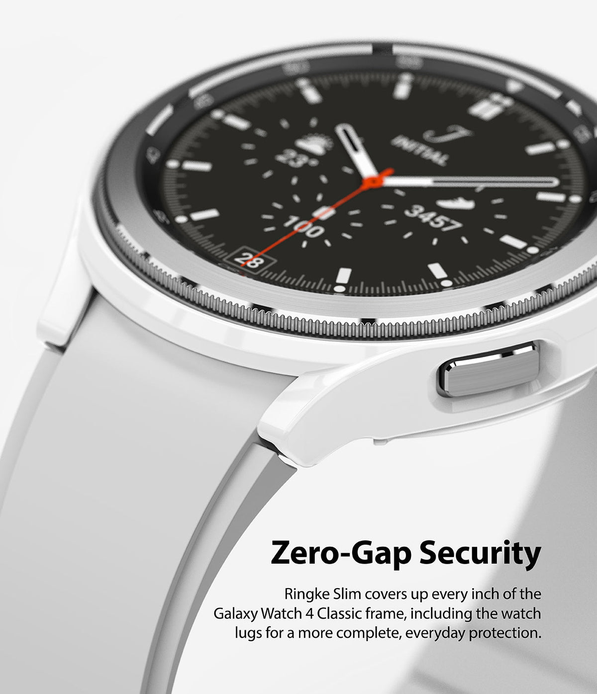 Galaxy Watch 4 Classic 46mm Case | Slim - Close-up of a white protective case covering the frame and lugs of a smartwatch.