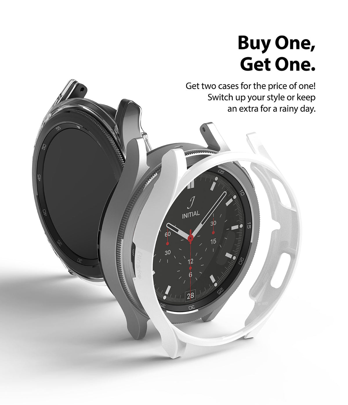Galaxy Watch 4 Classic 46mm Case | Slim - Two Galaxy Watch 4 Classic cases, one clear and one white, floating near a watch.