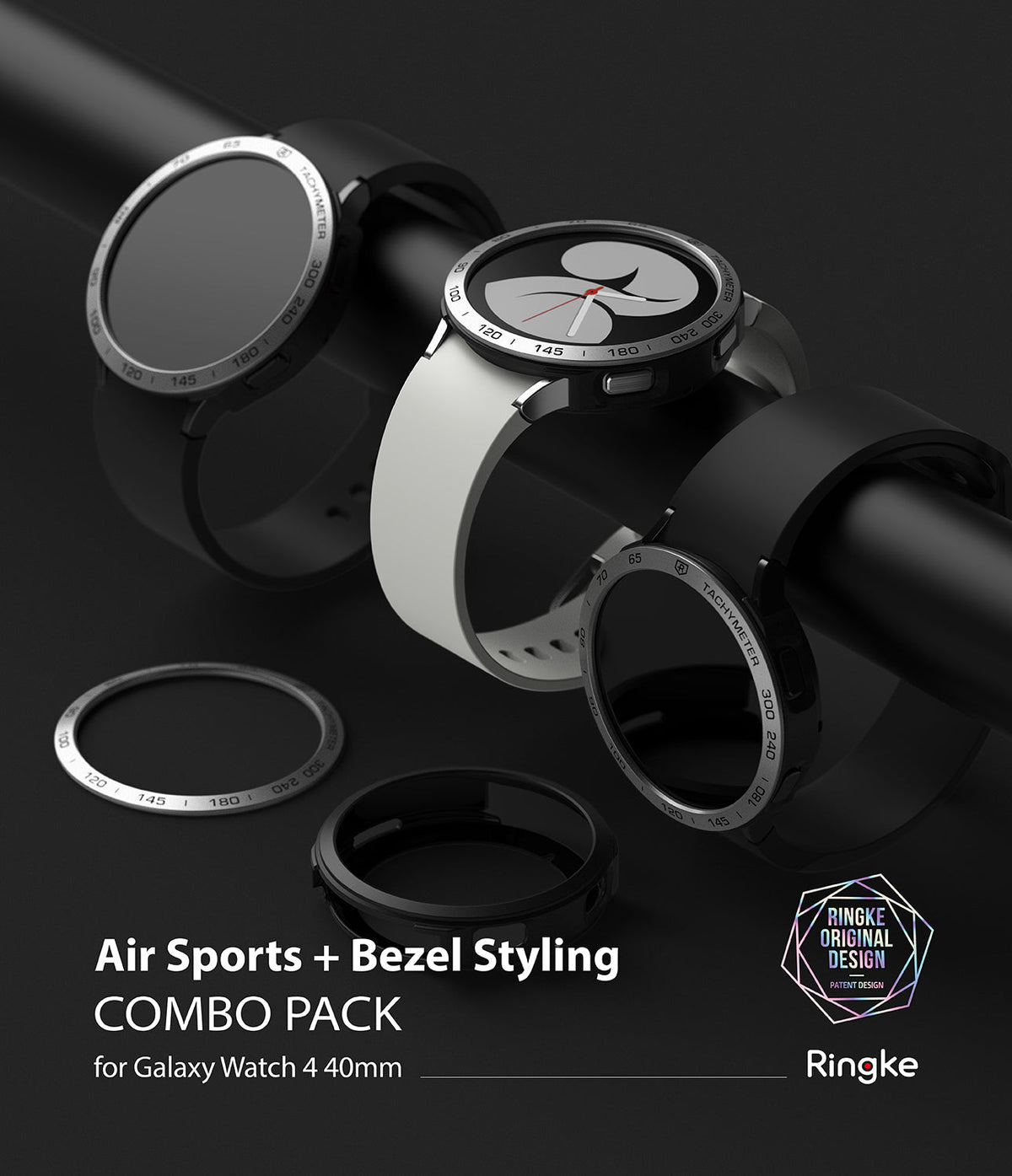 Galaxy Watch 4 40mm | Air Sports Black + Bezel Styling - Three Galaxy Watches with black and white bands and tachymeter bezels.