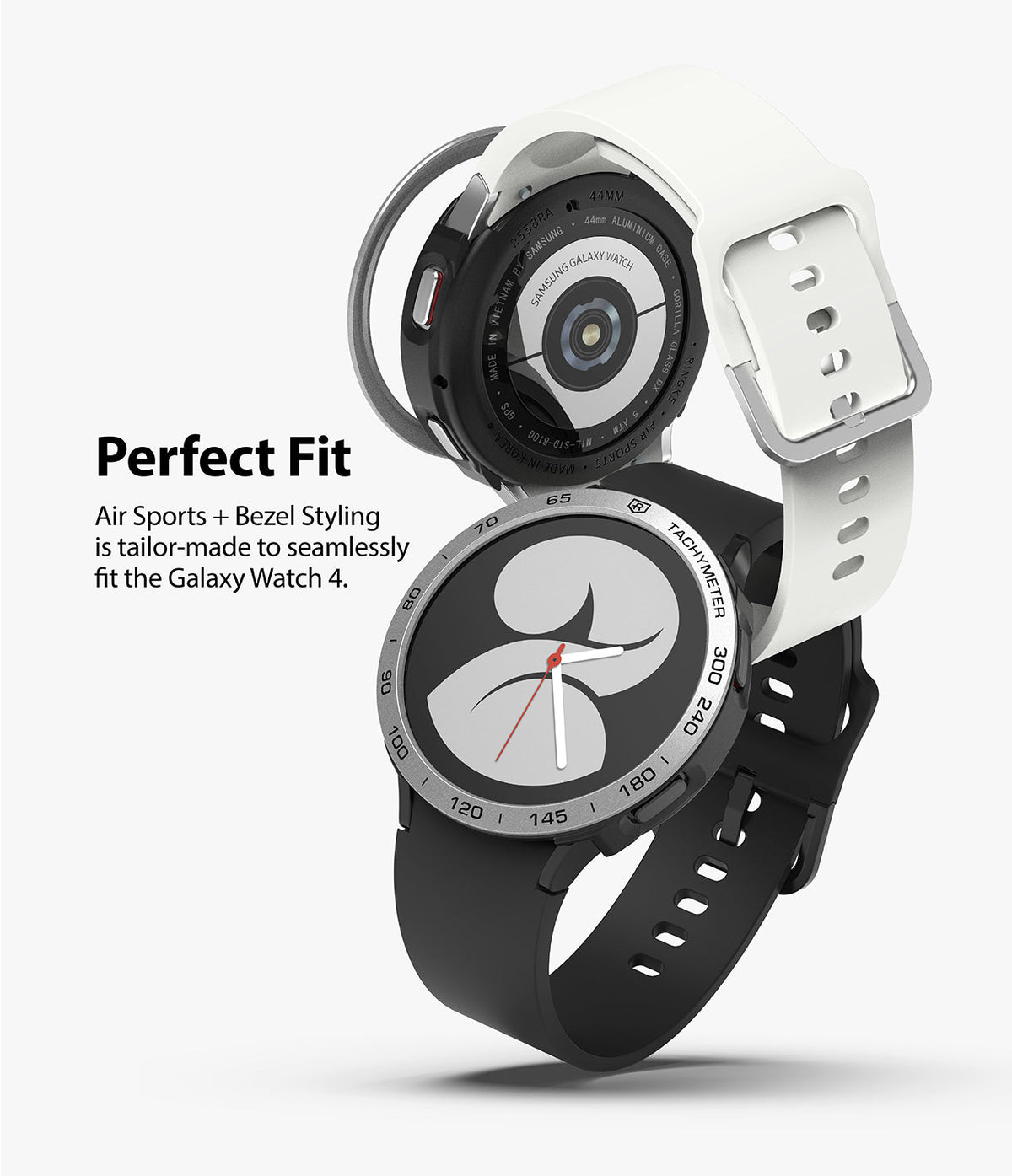 Galaxy Watch 4 40mm | Air Sports Black + Bezel Styling - Galaxy Watch 4 40mm - Black smartwatch with white strap and silver tachymeter bezel styling accessory.