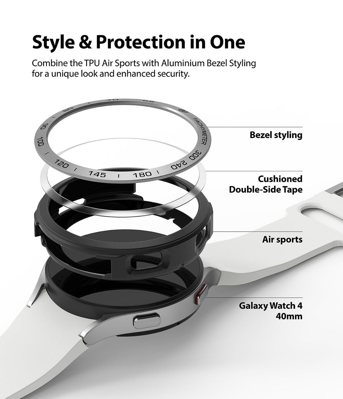 Galaxy Watch 4 40mm | Air Sports Black + Bezel Styling - Galaxy Watch 4 40mm - Exploded view showing bezel styling, adhesive tape, Air Sports case, and watch body components.
