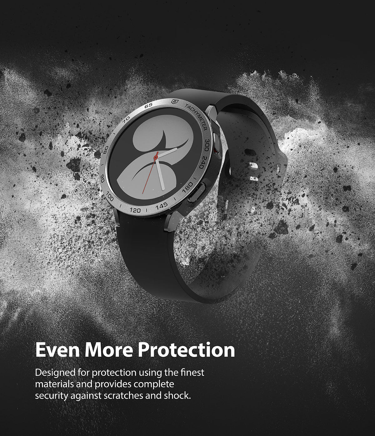 Galaxy Watch 4 40mm | Air Sports Black + Bezel Styling - Black smartwatch with tachymeter bezel surrounded by dust.