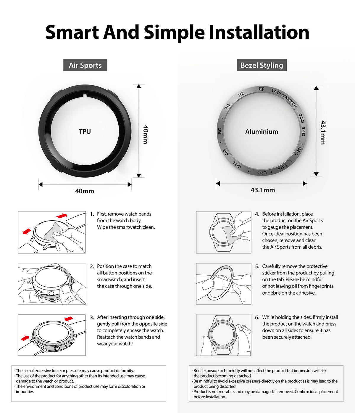 Galaxy Watch 4 40mm | Air Sports Black + Bezel Styling - Installation guide showing TPU case and aluminum bezel steps.