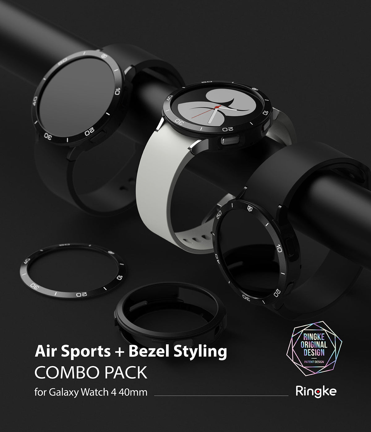 Galaxy Watch 4 40mm | Air Sports Black + Bezel Styling - Three Galaxy Watches with black cases and bezel covers on a bar.