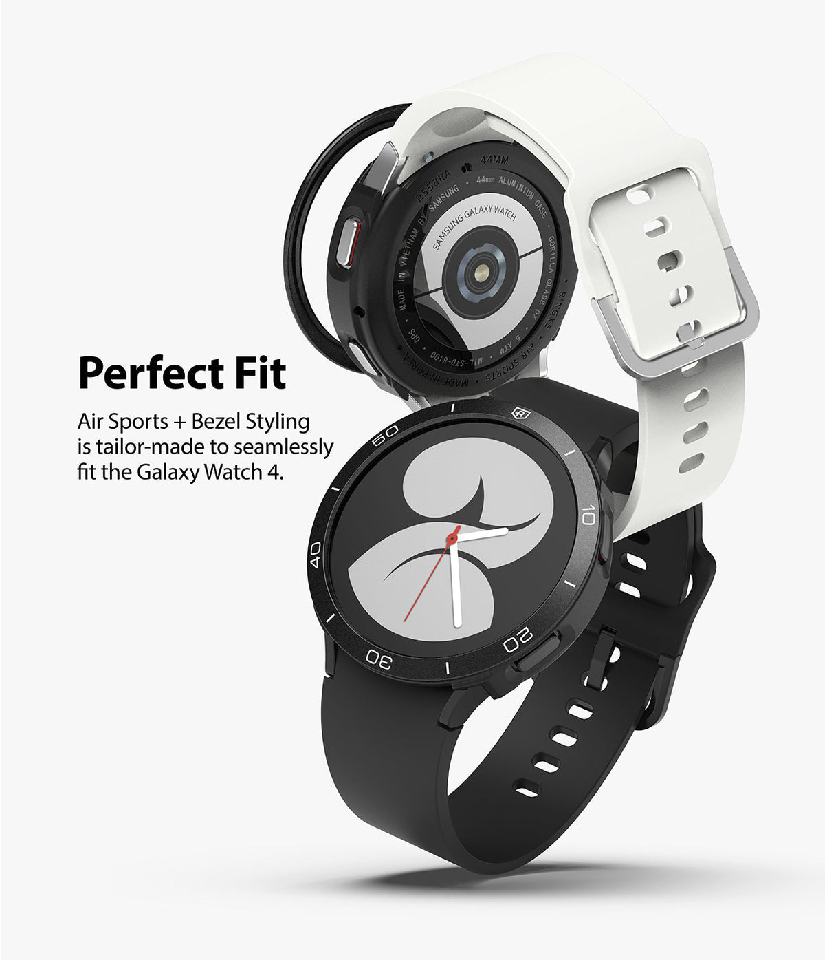 Galaxy Watch 4 40mm | Air Sports Black + Bezel Styling - Two Galaxy Watches with black bezel styling and sports bands.