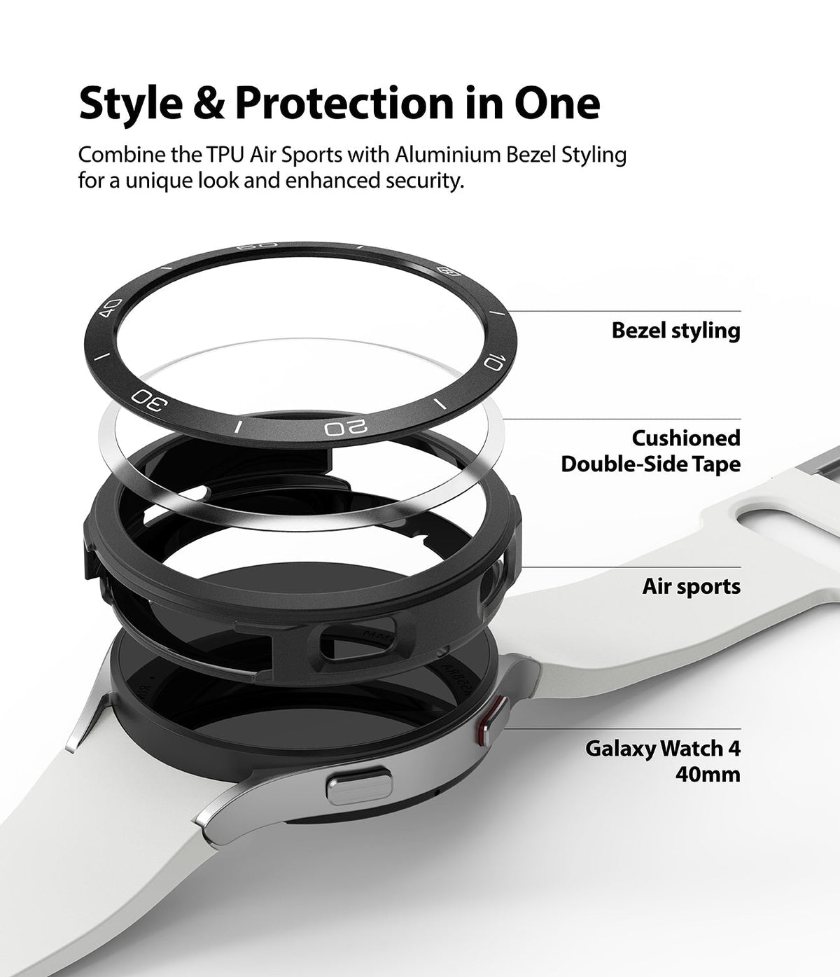Galaxy Watch 4 40mm | Air Sports Black + Bezel Styling - Exploded view of watch case, tape, and bezel styling components.