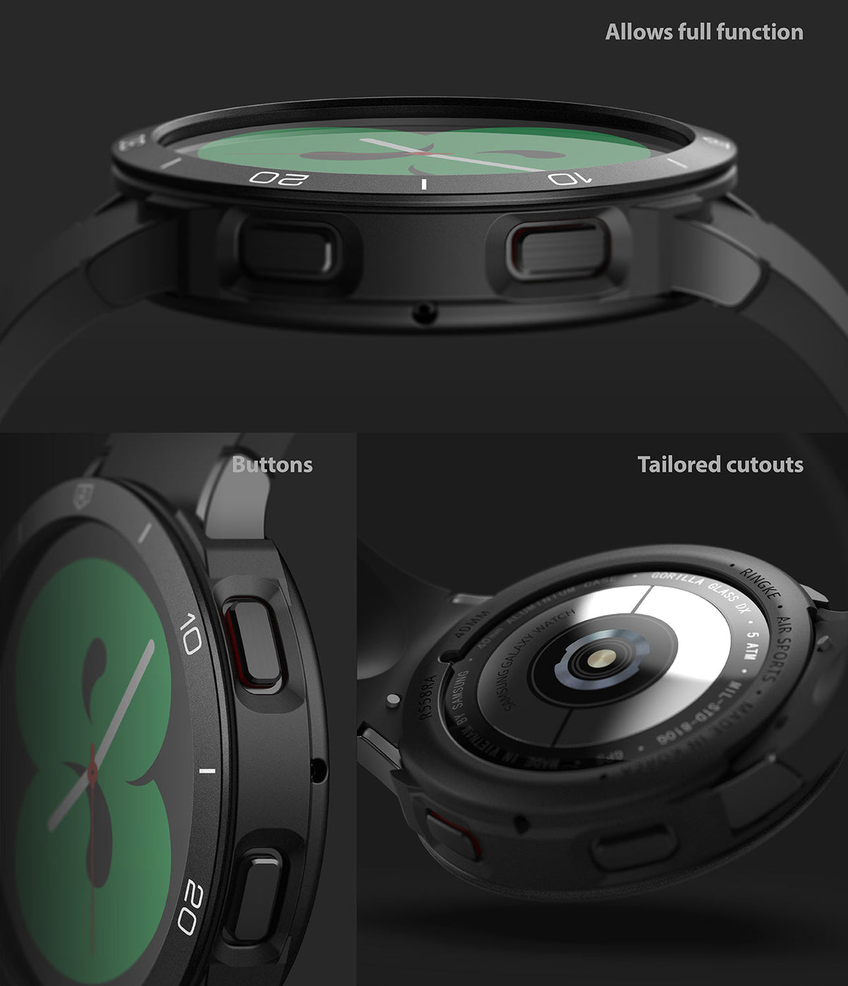 Galaxy Watch 4 40mm | Air Sports Black + Bezel Styling - Close-up views of black watch case, buttons, and back sensor.