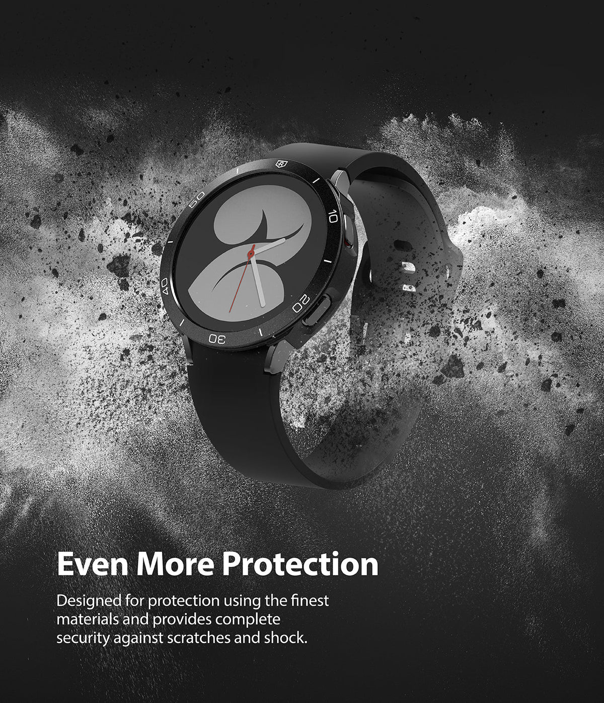 Galaxy Watch 4 40mm | Air Sports Black + Bezel Styling - Galaxy Watch 4 40mm - Black smartwatch with bezel styling surrounded by a dynamic explosion of grey dust particles.