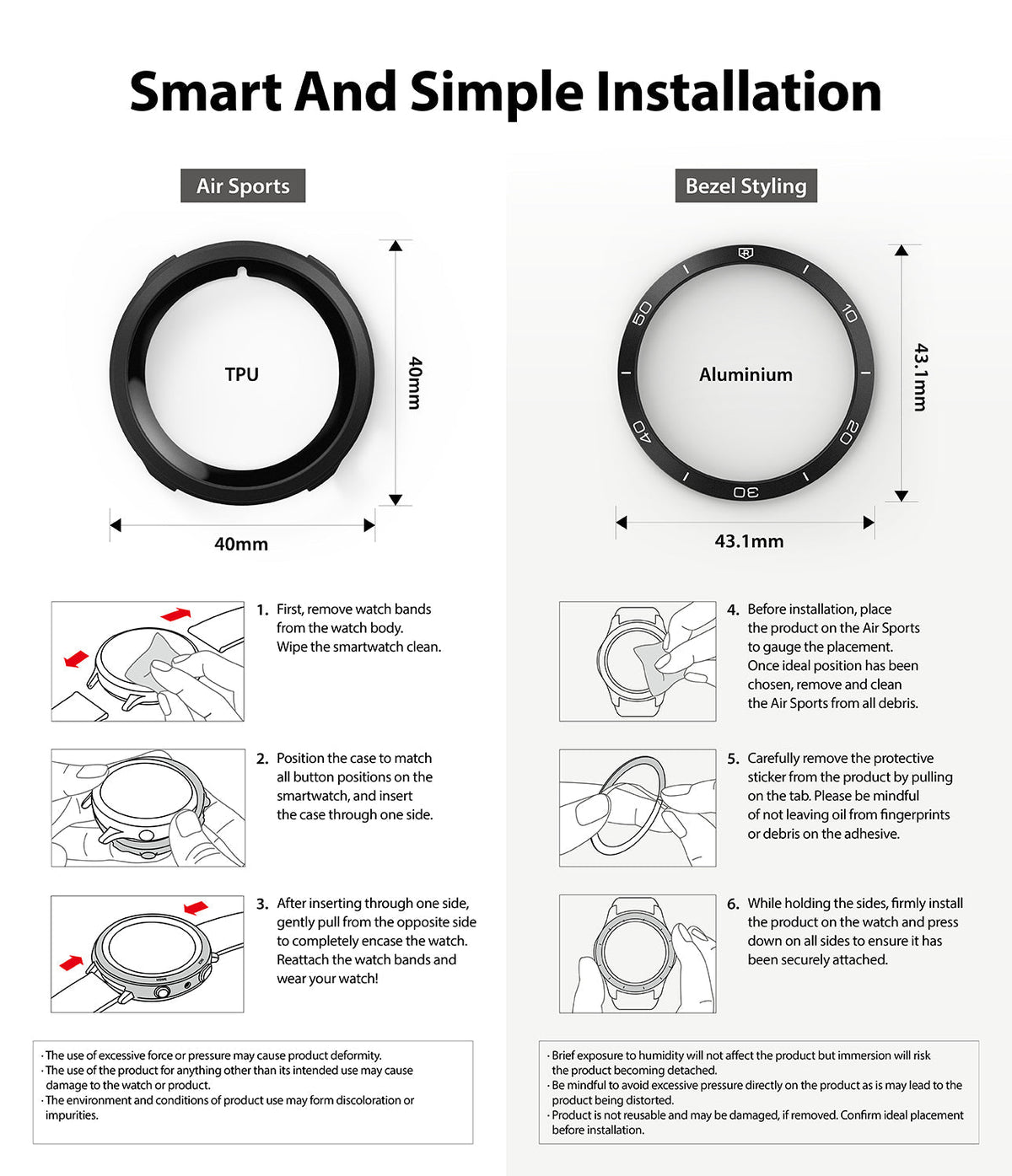 Galaxy Watch 4 40mm | Air Sports Black + Bezel Styling - Installation guide showing TPU case and aluminum bezel steps.
