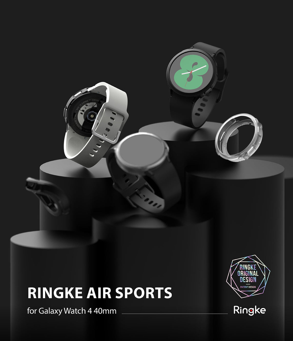 Galaxy Watch 4 (40mm) Case | Air Sports - Galaxy Watch 4 units and protective cases floating above black pedestals.