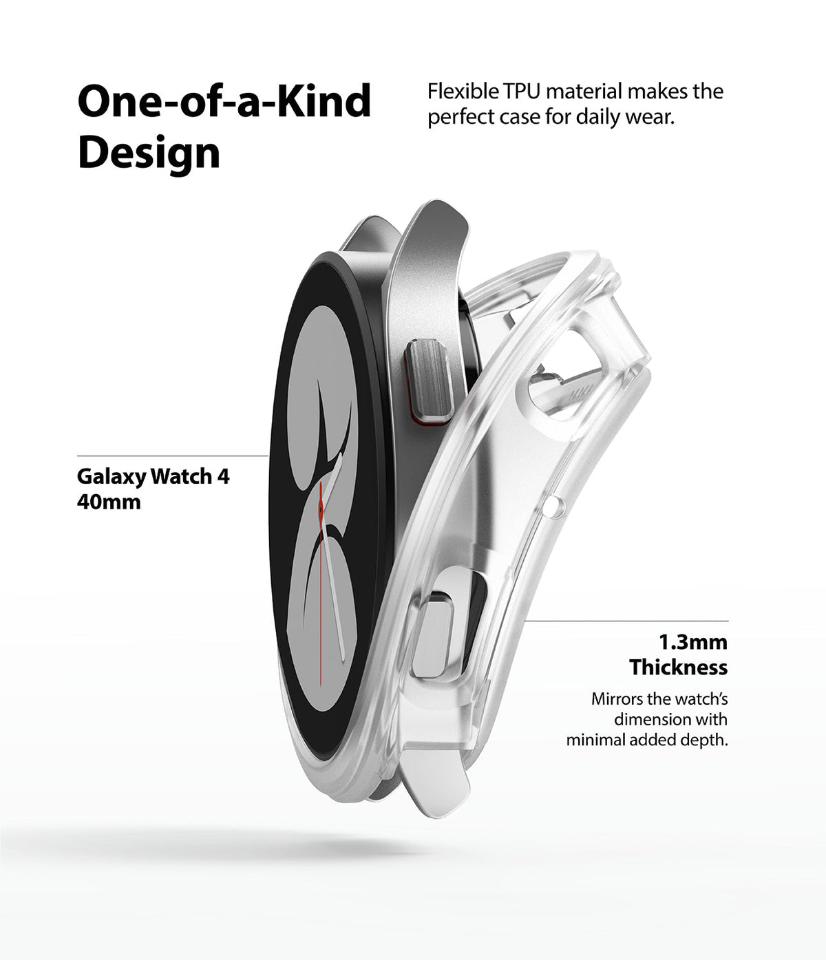Galaxy Watch 4 (40mm) Case | Air Sports - A clear TPU case being placed over a silver Galaxy Watch 4 40mm.