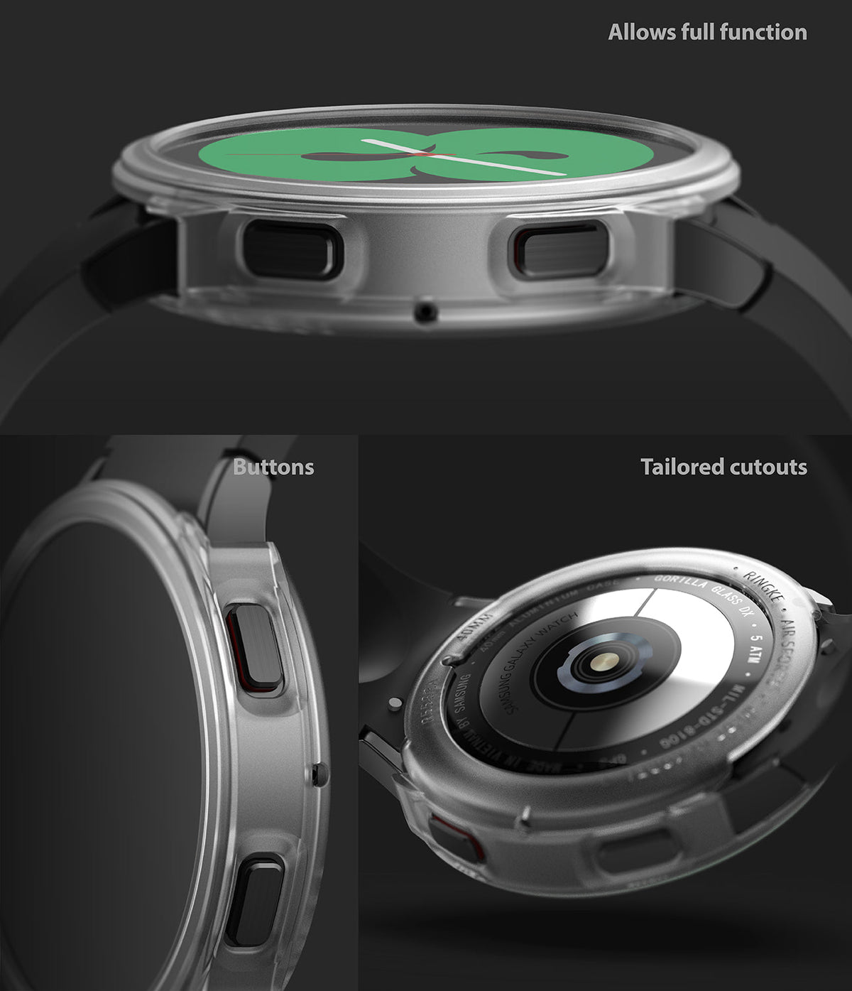 Galaxy Watch 4 (40mm) Case | Air Sports - Close-up views of a clear protective case showing button access and cutouts.