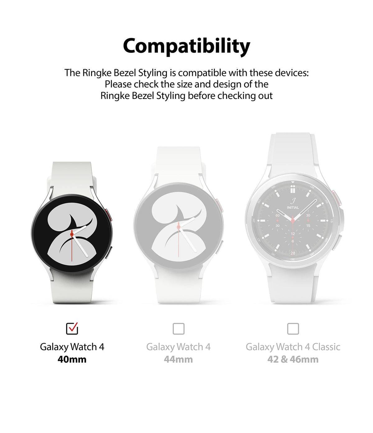 Galaxy Watch 5/4 40mm | Bezel Styling - Compatibility chart showing Galaxy Watch 4 40mm as the only selected model.