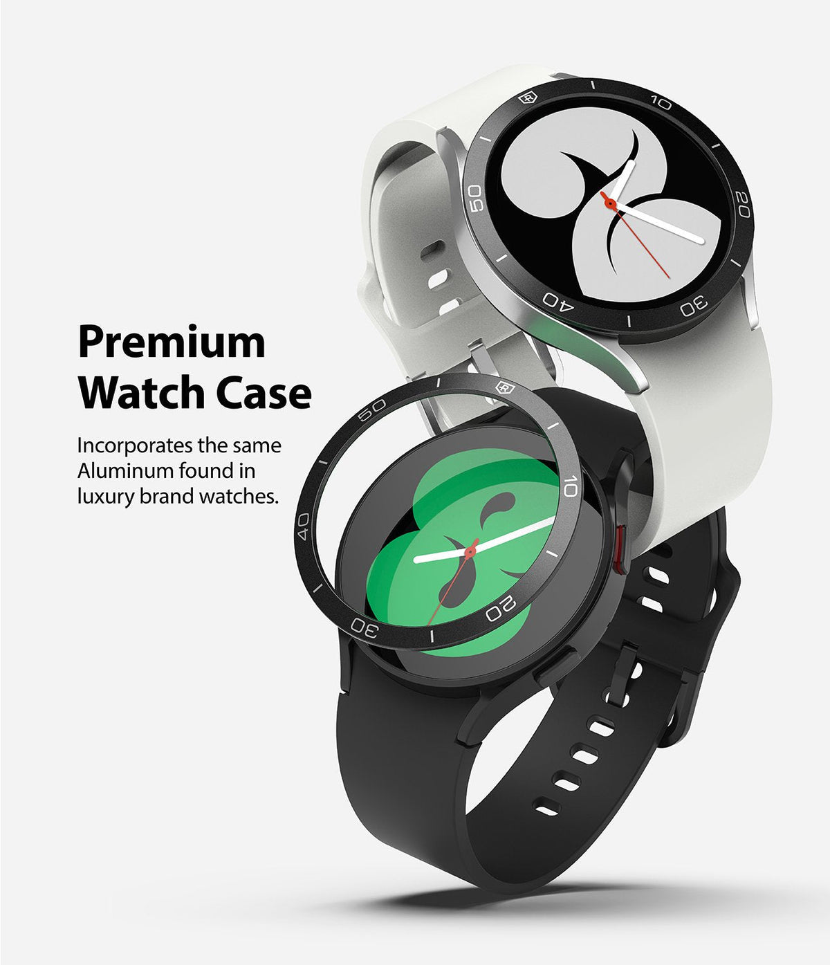Galaxy Watch 5/4 40mm | Bezel Styling - Two Galaxy watches with black aluminum bezel covers and silicone bands.