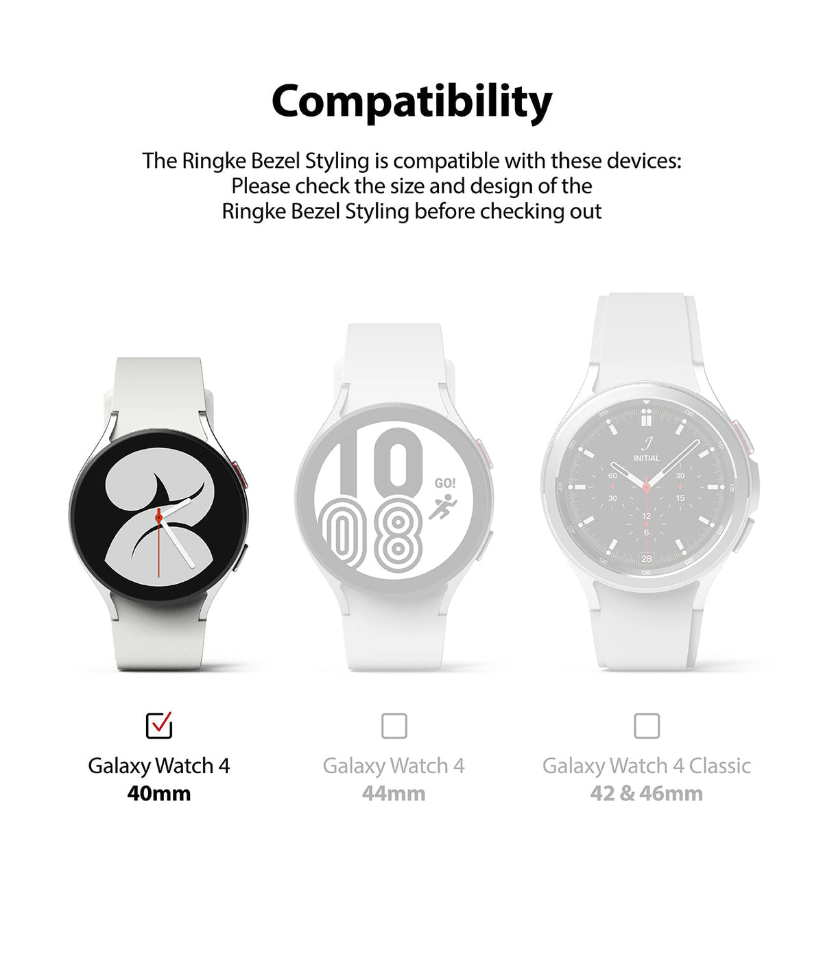 Galaxy Watch 5 / 4 (40mm) | Bezel Premium Styling - Compatibility chart showing Galaxy Watch 4 40mm selected among other models.