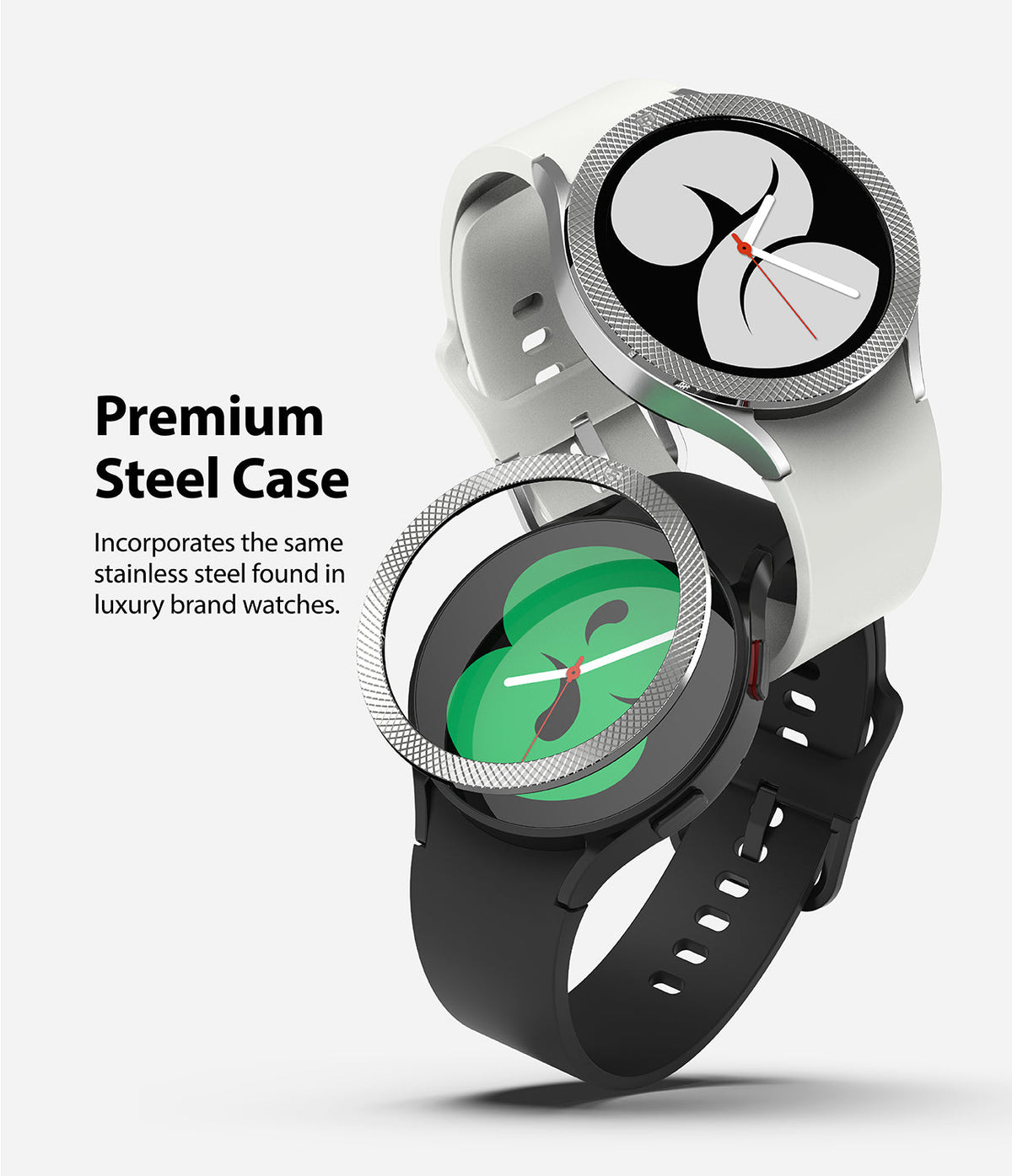 Galaxy Watch 5 / 4 (40mm) | Bezel Premium Styling - Two smartwatches with textured stainless steel bezel rings attached.