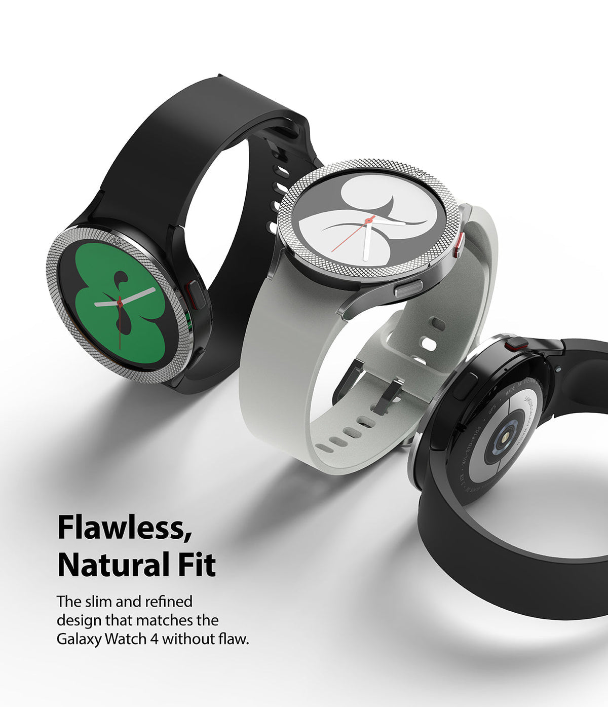 Galaxy Watch 5 / 4 (40mm) | Bezel Premium Styling - Three Galaxy Watches with metallic textured bezels and silicone bands.