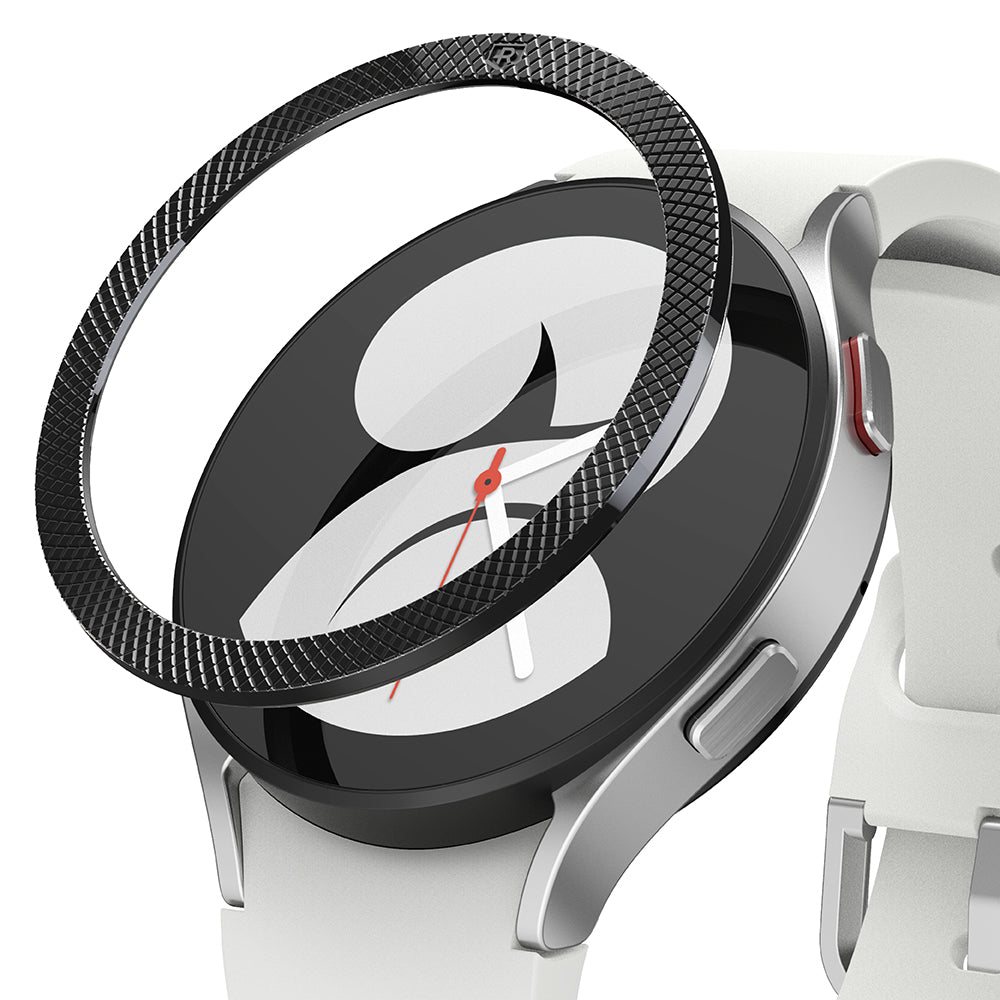 Galaxy Watch 5 / 4 (40mm) | Bezel Premium Styling - A textured black metal bezel ring hovering above a silver smartwatch.