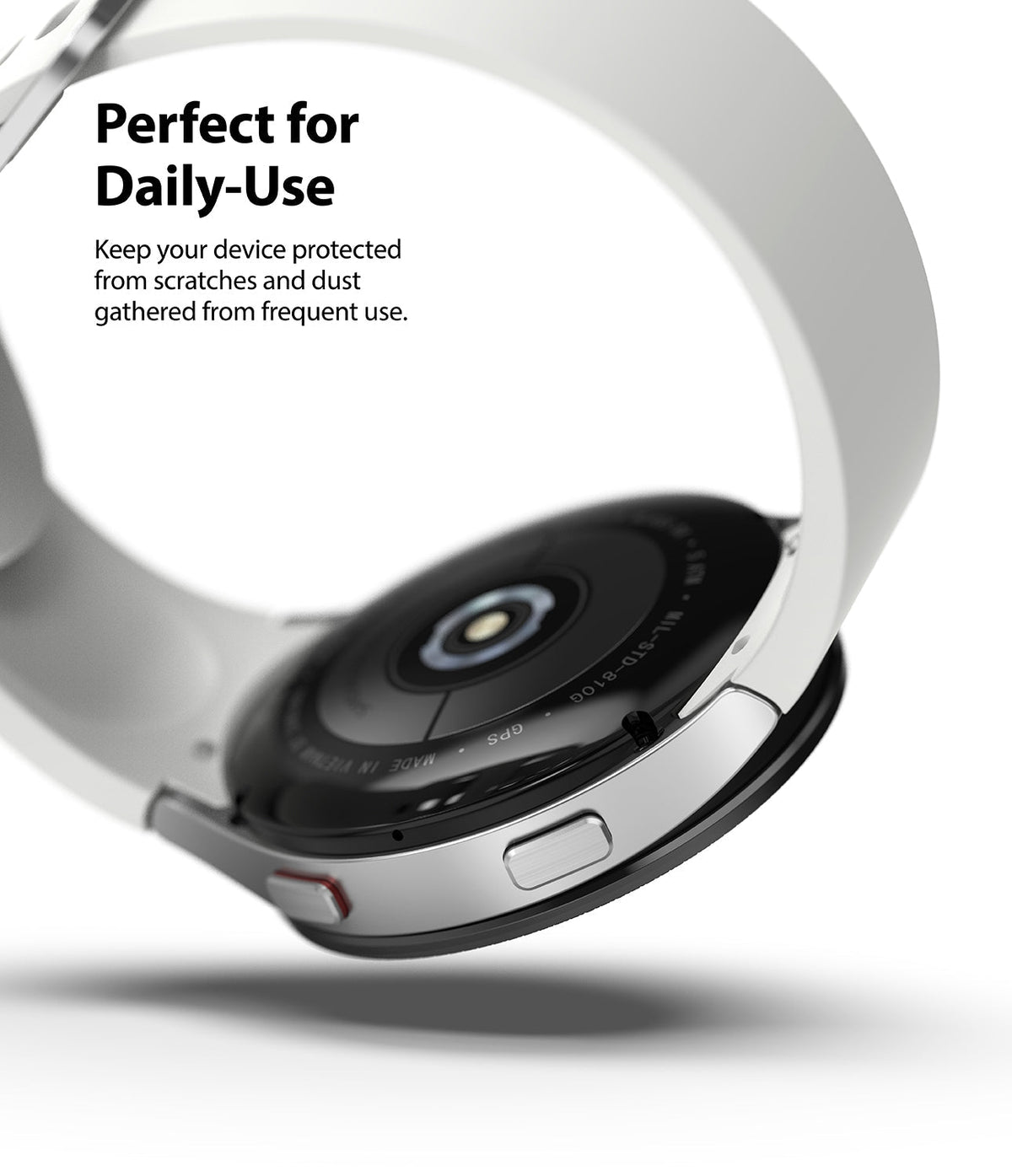 Galaxy Watch 5 / 4 (40mm) | Bezel Premium Styling - Close-up of a silver smartwatch with a white band and protective bezel.