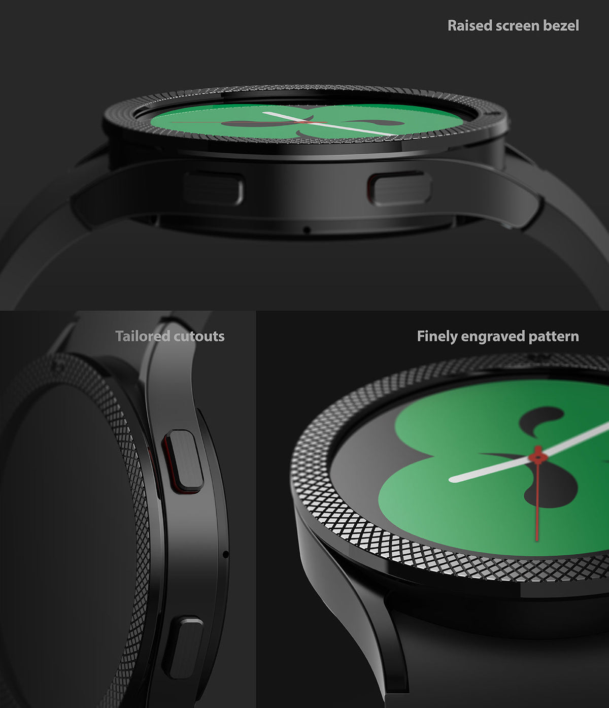 Galaxy Watch 5 / 4 (40mm) | Bezel Premium Styling - Close-up of a black watch bezel featuring a textured pattern.