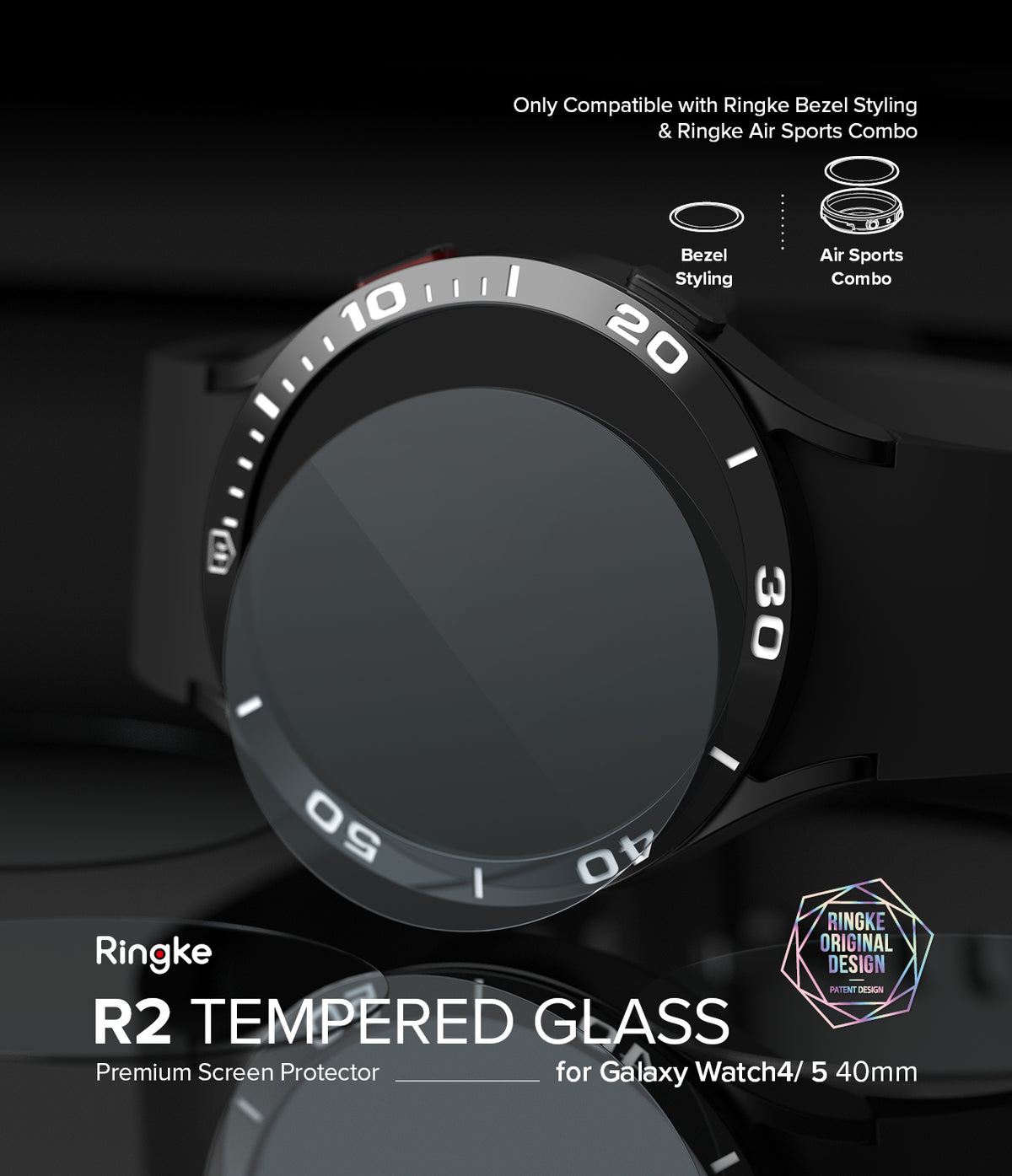 Galaxy Watch 5/4 40mm Screen Protector for Bezel Styling | Glass - R2 - Galaxy Watch 5/4 40mm Screen Protector - Black smartwatch with a numbered bezel styling ring and tempered glass screen.